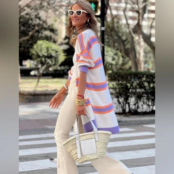 Striped Purple and Orange Women's Cardigan Knit Sweater size XL (16) - Picture 4 of 7